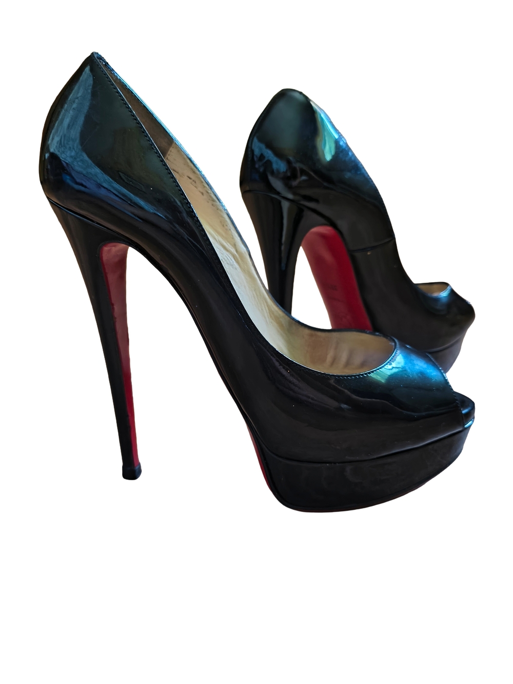 Christian Louboutin Lady Z Black Patent Platform Peep-Toe Pumps with Red Sole